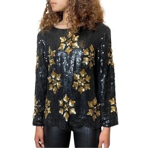 Woodward black gold snowflake sequin silk blouse top size S
